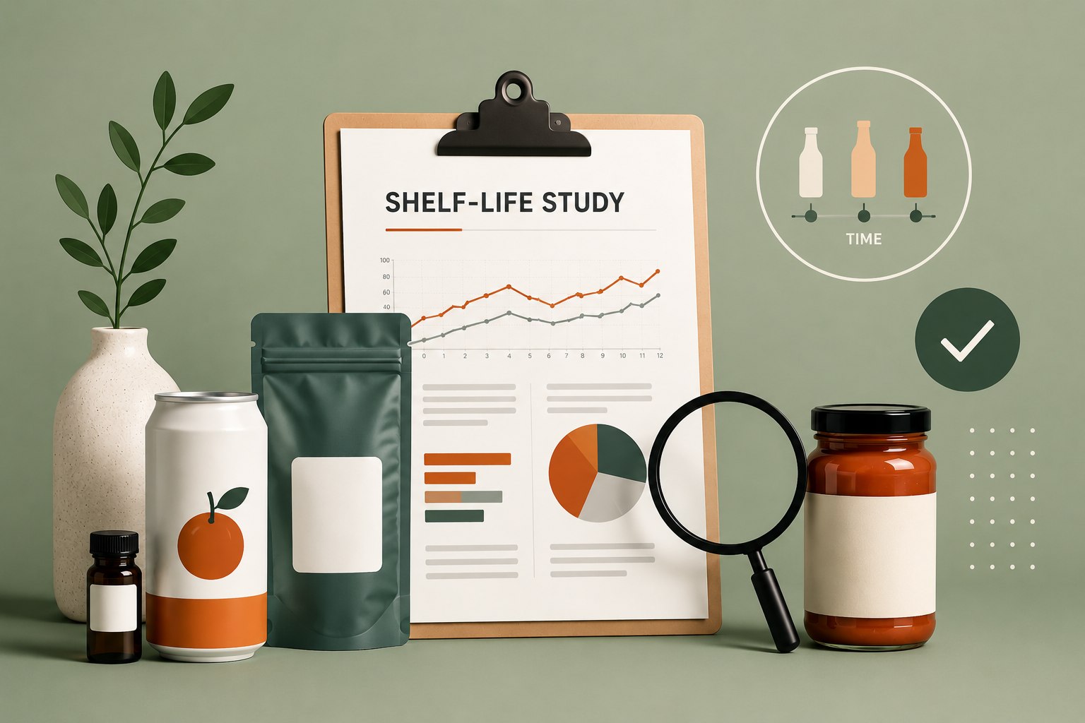 Illustration of packaged food and beverage samples in a shelf-life study.