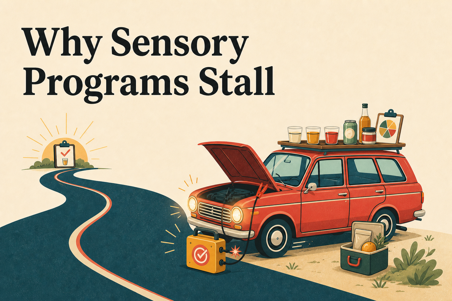An illustrated car stalled beside a winding road with sensory tasting samples on its roof.